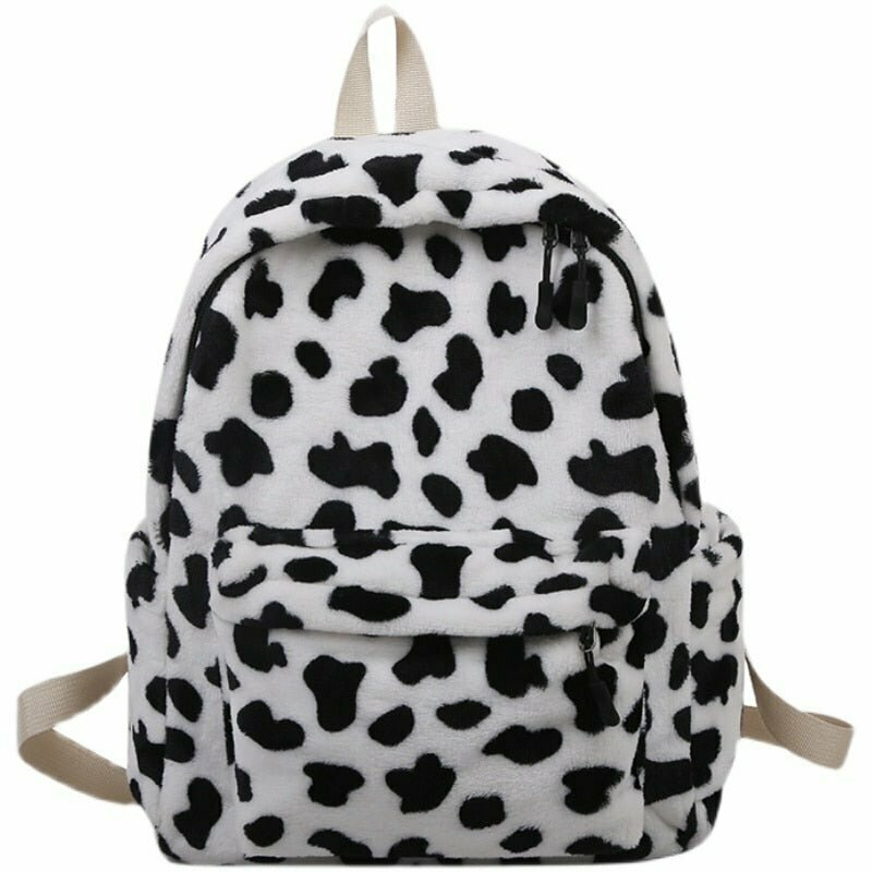 Y2K Cow Pattern Plush Backpack - Retro 90s Grunge, Pastel Goth, and Summer Y2K Out