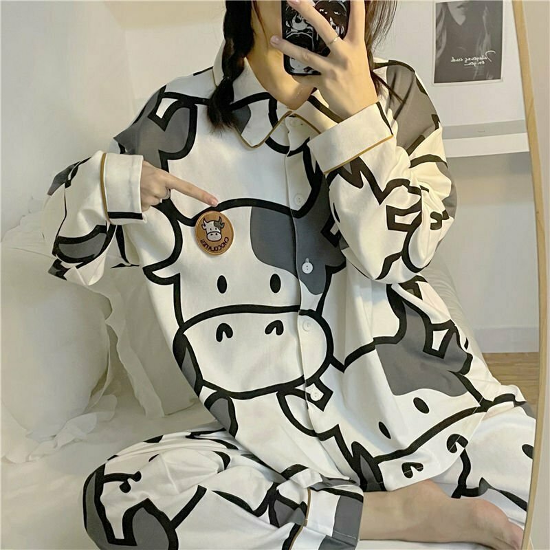 Y2K Cow Print Pajama Set - Retro 90s Grunge Summer Outfit, Pastel Goth Sleepwear