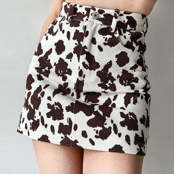 Y2K Cow Print Skirt - Retro 90s Grunge, Summer Outfits, Pastel Goth, Y2