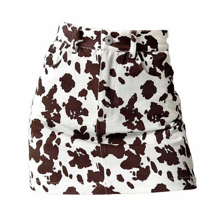 Y2K Cow Print Skirt - Retro 90s Grunge, Summer Outfits, Pastel Goth, Y2