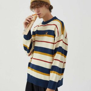 Y2K Croissant Embroidery Striped Pullover - Retro 90s Grunge Summer Outfit for Women