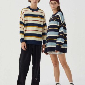 Y2K Croissant Embroidery Striped Pullover - Retro 90s Grunge Summer Outfit for Women