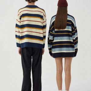 Y2K Croissant Embroidery Striped Pullover - Retro 90s Grunge Summer Outfit for Women