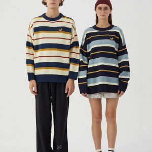 Y2K Croissant Embroidery Striped Pullover - Retro 90s Grunge Summer Outfit for Women