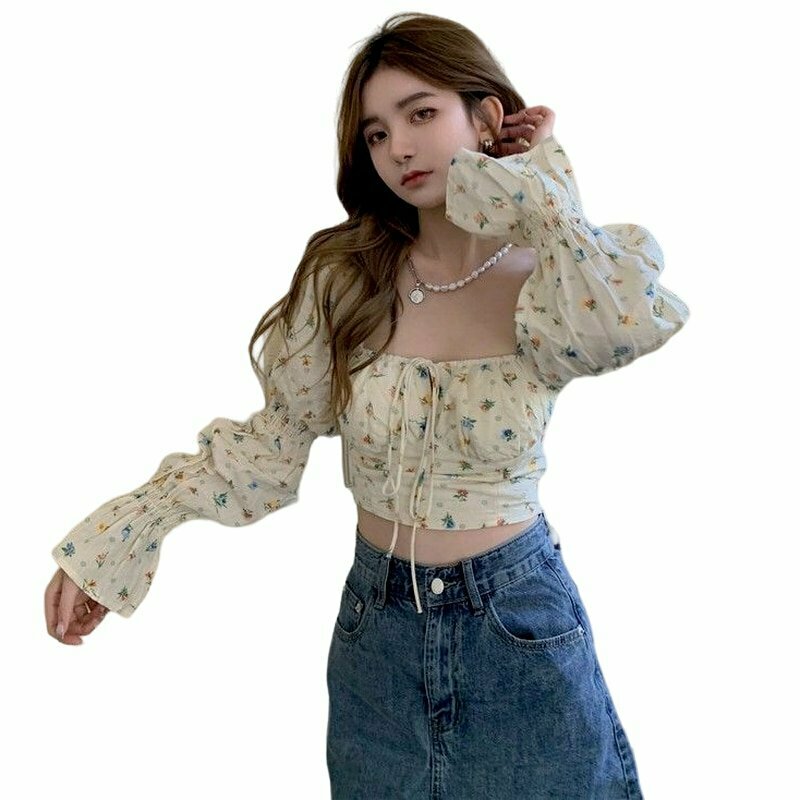 Y2K Cropped Flare Sleeve Blouse - 90s Grunge, Retro Summer, Pastel Goth, Party