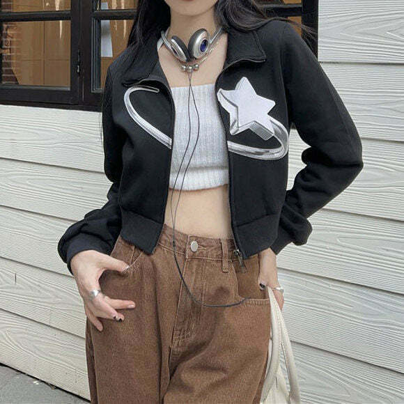 Y2K Cyber Star Zip Up Top - Retro 90s Grunge, Pastel Goth, and Summer Party Outfits