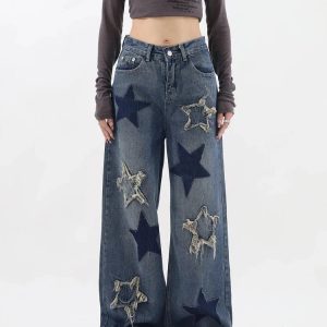 Y2K Dark Blue Star Jeans - Retro 90s Grunge, Summer Outfits, Hip Hop Fashion, Y2