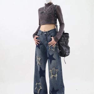 Y2K Dark Blue Star Jeans - Retro 90s Grunge, Summer Outfits, Hip Hop Fashion, Y2