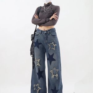 Y2K Dark Blue Star Jeans - Retro 90s Grunge, Summer Outfits, Hip Hop Fashion, Y2