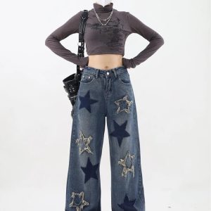 Y2K Dark Blue Star Jeans - Retro 90s Grunge, Summer Outfits, Hip Hop Fashion, Y2