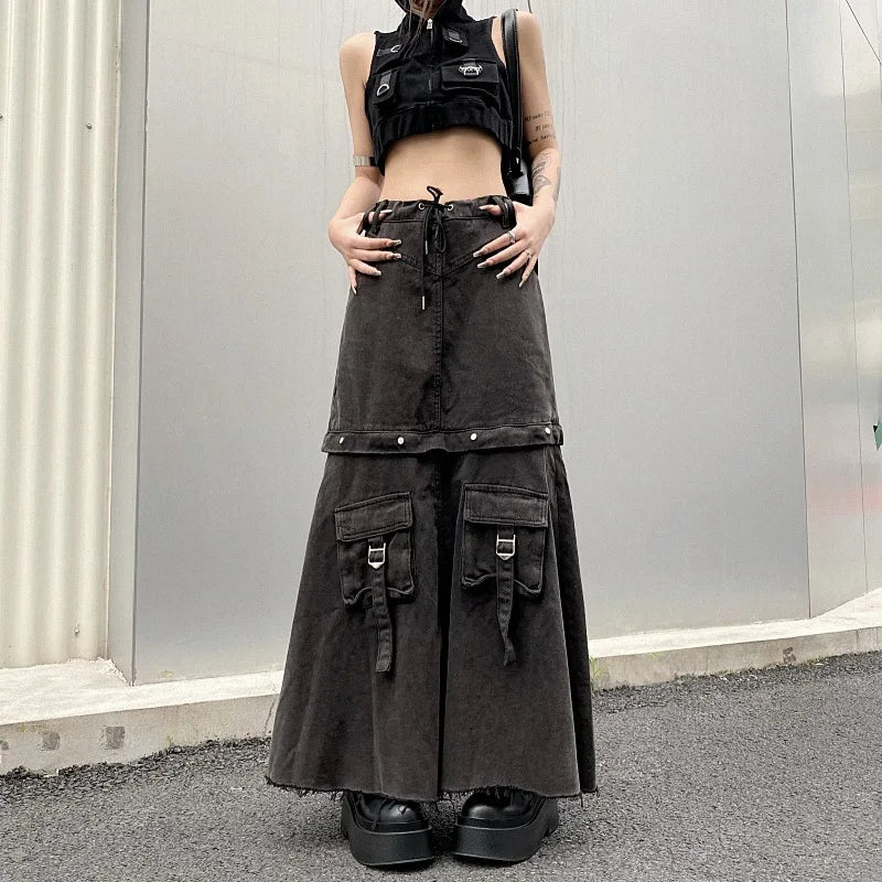 Y2K Denim Cargo Midi Skirt - 90s Grunge, Retro Summer, Y2K Party & Club Out