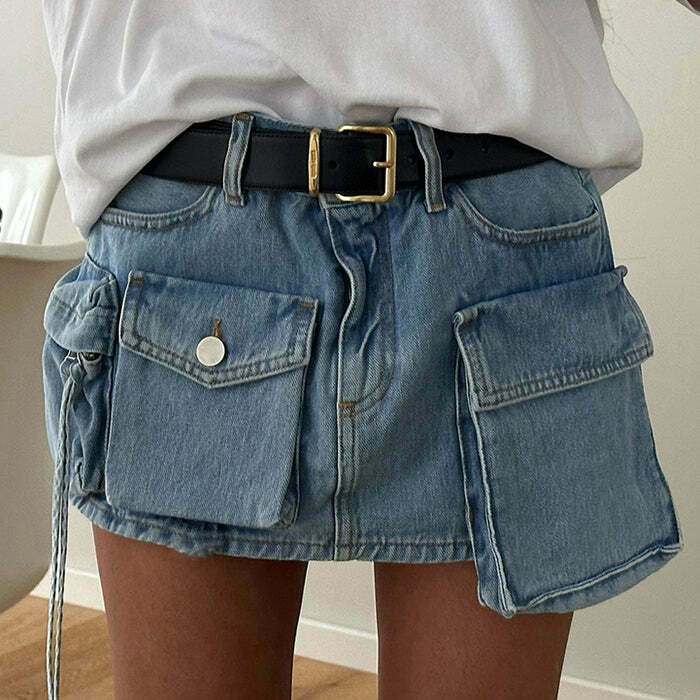 Y2K Denim Cargo Mini Skirt - 90s Grunge, Retro Summer, Y2K Party & Club Out