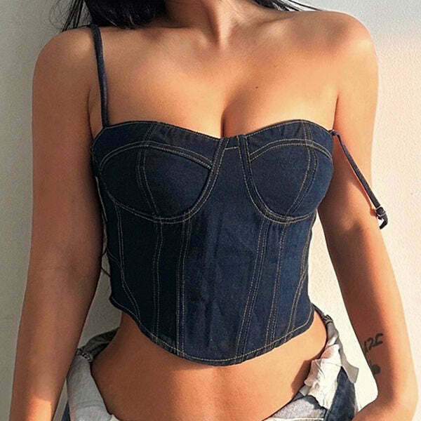 Y2K Denim Corset - 90s Grunge, Retro Y2K Summer Outfits, Y2K Party