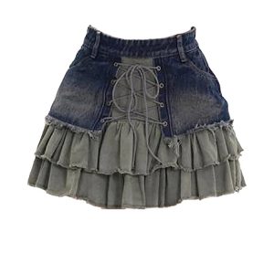 Y2K Denim Dalliance Lace-Up Skirt - Retro 90s Grunge, Summer Party, and Club Out