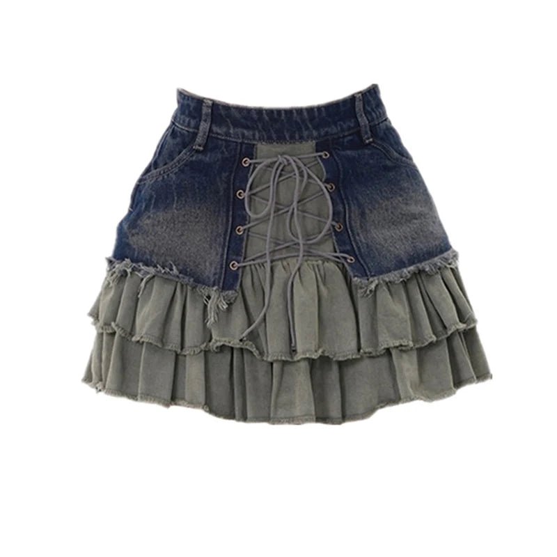 Y2K Denim Dalliance Lace-Up Skirt - Retro 90s Grunge, Summer Party, and Club Out