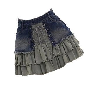 Y2K Denim Dalliance Lace-Up Skirt - Retro 90s Grunge, Summer Party, and Club Out