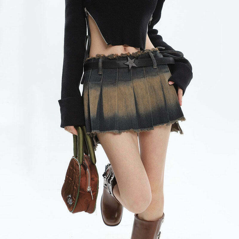 Y2K Denim Distressed Pleated Mini Skirt - 90s Grunge, Retro, Summer, Party, and