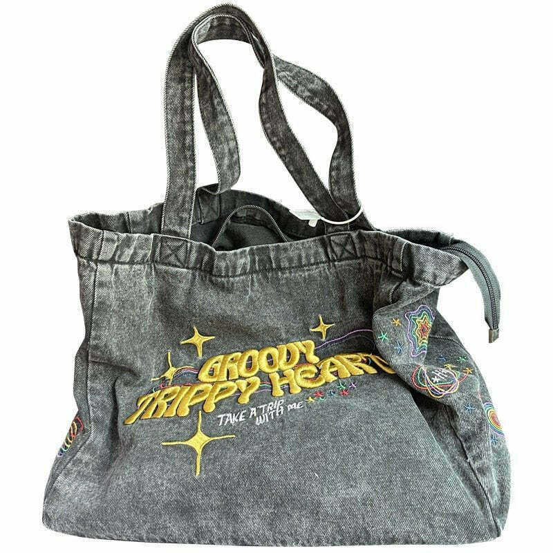 Y2K Denim Embroidery Bag - 90s Grunge, Retro, Pastel Goth, and Summer Y2K