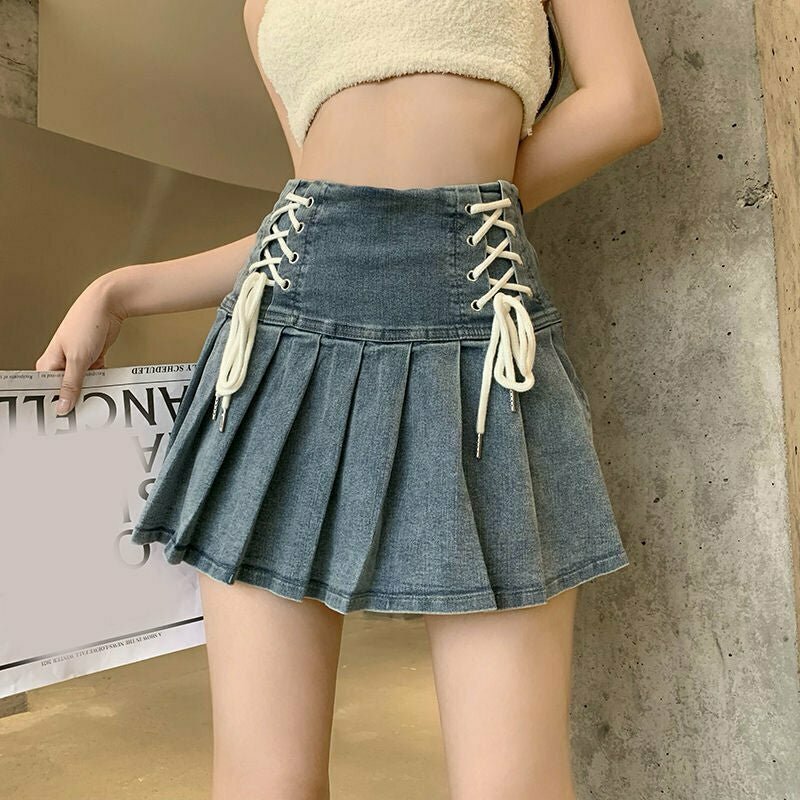 Y2K Denim Pleated A-line Mini Skirt - 90s Grunge, Retro Summer, Party & Club Out