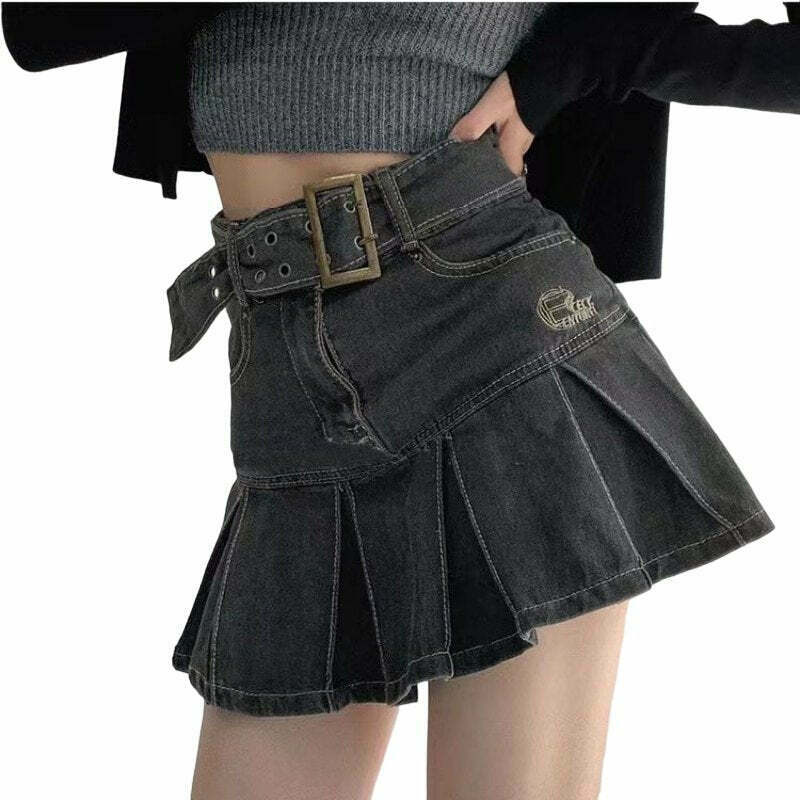 Y2K Denim Pleated Mini Skirt - Retro 90s Grunge, Summer Outfits, Y2K Fashion