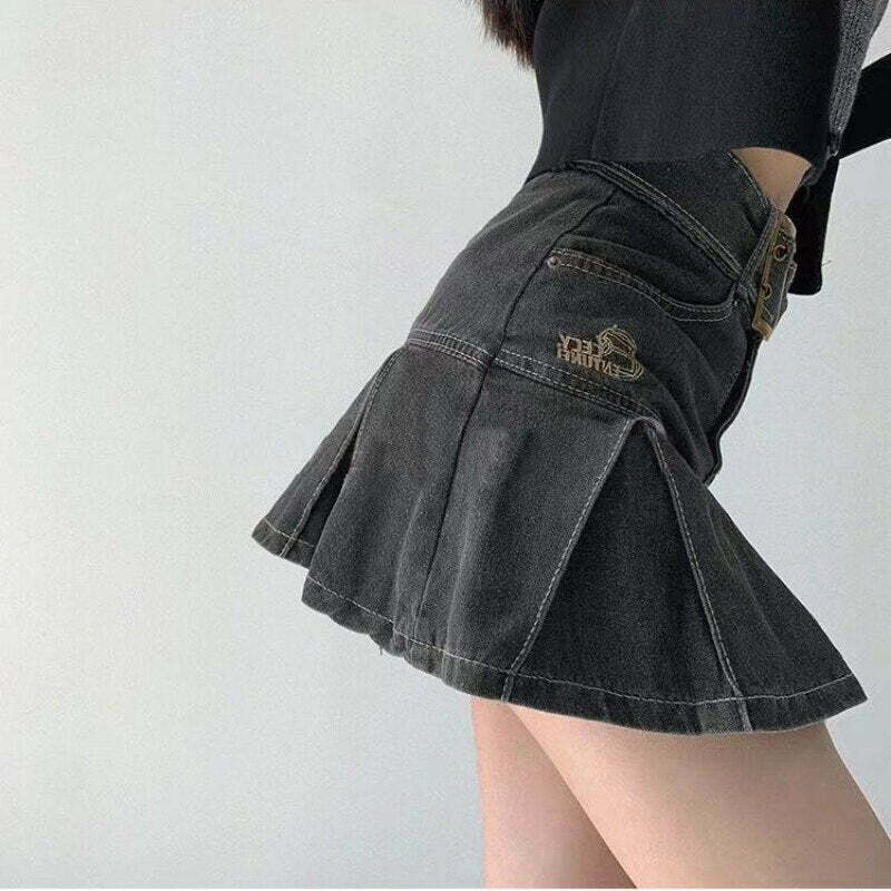 Y2K Denim Pleated Mini Skirt - Retro 90s Grunge, Summer Outfits, Y2K Fashion