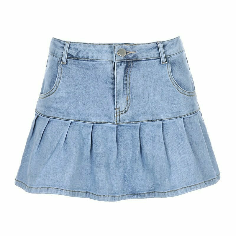 Y2K Denim Pleated Skirt - Retro 90s Grunge, Summer Outfits, Y2K Party &