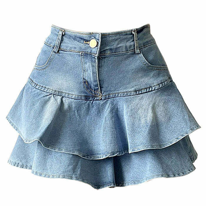 Y2K Denim Ruffled Skirt - 90s Grunge, Retro Summer Outfits, Y2K Party &