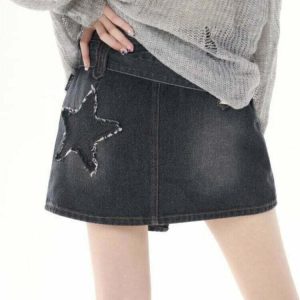 Y2K Denim Skirt with Star Patchwork - 90s Grunge, Retro, and Summer Y2K Out