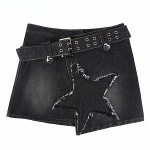 Y2K Denim Skirt with Star Patchwork - 90s Grunge, Retro, and Summer Y2K Out