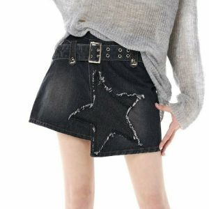 Y2K Denim Skirt with Star Patchwork - 90s Grunge, Retro, and Summer Y2K Out