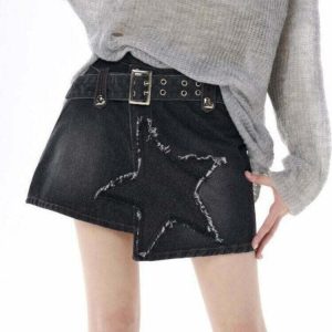 Y2K Denim Skirt with Star Patchwork - 90s Grunge, Retro, and Summer Y2K Out