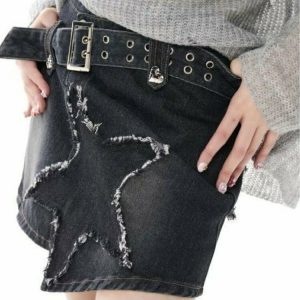 Y2K Denim Skirt with Star Patchwork - 90s Grunge, Retro, and Summer Y2K Out