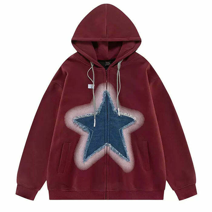 Y2K Denim Star Zip Up Hoodie - Retro 90s Grunge, Y2K Summer Outfits, Y2