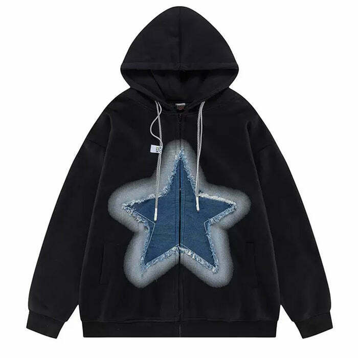 Y2K Denim Star Zip Up Hoodie - Retro 90s Grunge, Y2K Summer Outfits, Y2