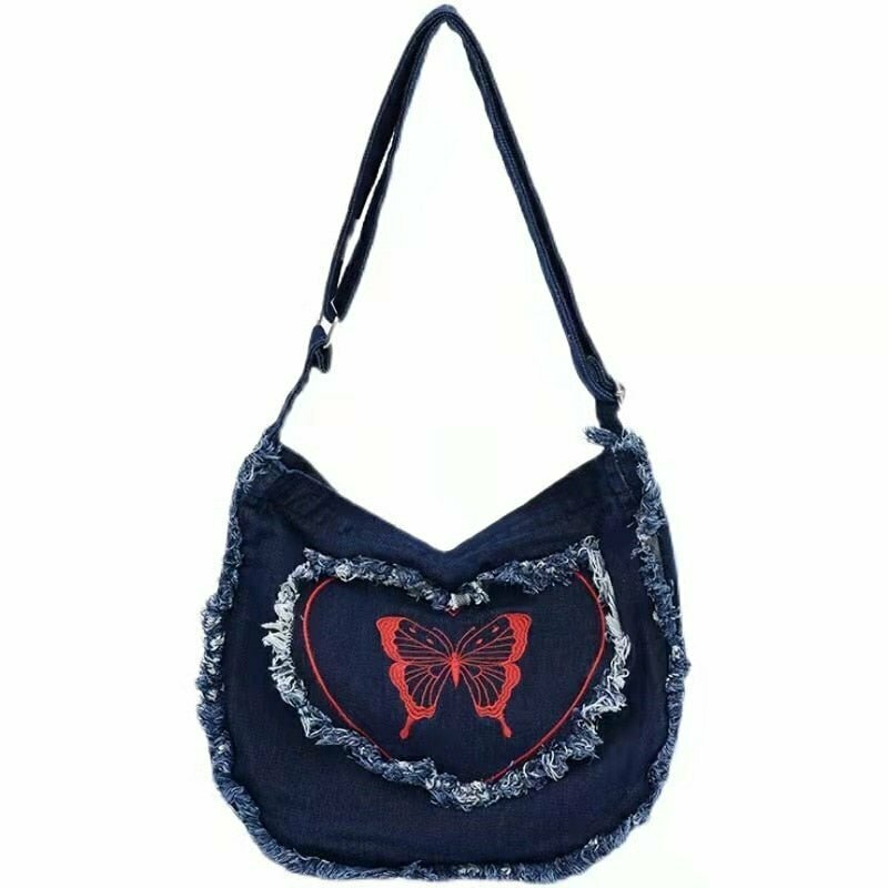 Y2K Denim Tassel Butterfly Handbag - Retro 90s Grunge, Y2K Summer & Party Outfits