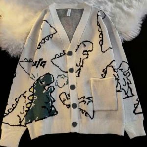 Y2K Dinosaur Cartoon Print Knit Cardigan - Retro 90s Grunge, Summer Y2K Outfits, Past