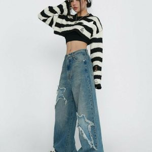 Y2K Embroidered Denim Pants - 90s Grunge, Retro Summer Outfits, Y2K Club &