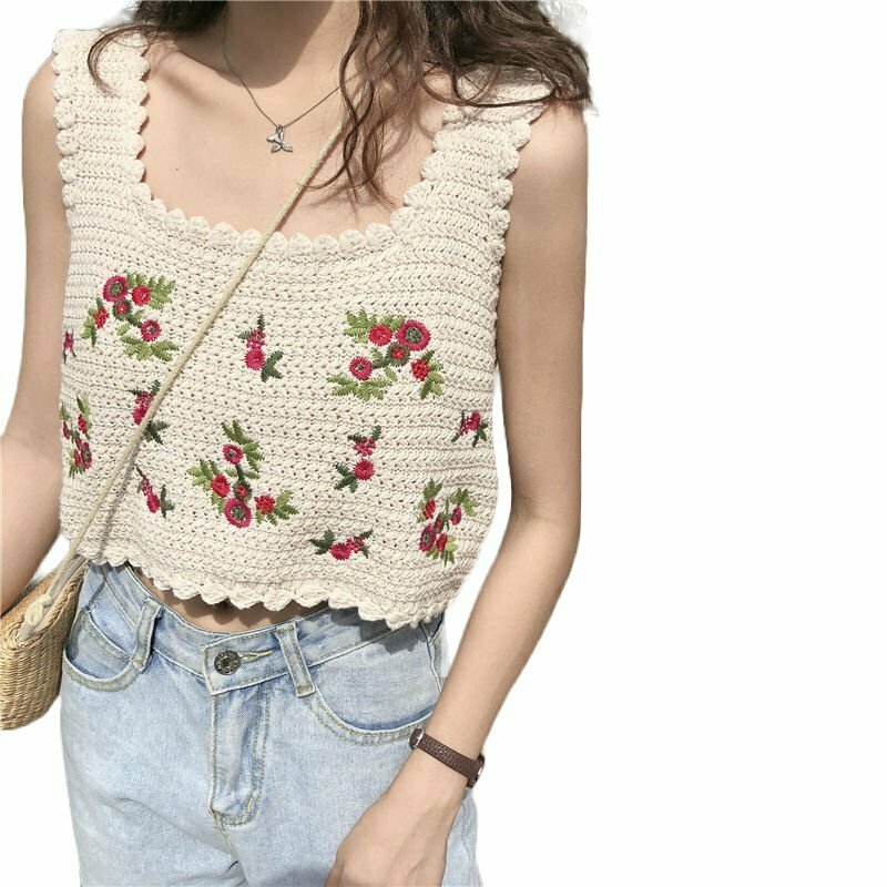 Y2K Embroidered Sleeveless Crop Top - 90s Grunge, Retro, Summer, Party, and Club