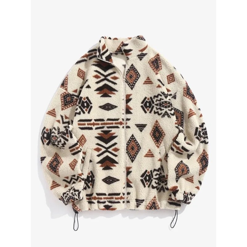 Y2K Ethnic Print Faux Fur Coat - Retro 90s Grunge, Summer & Party Outfits for Women