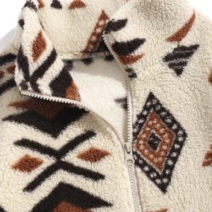 Y2K Ethnic Print Faux Fur Coat - Retro 90s Grunge, Summer & Party Outfits for Women