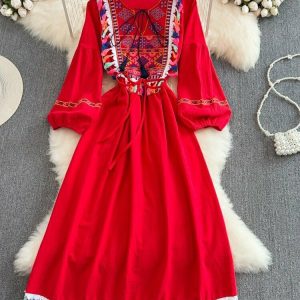 Y2K Ethnic Style Lace Cotton Dress - Retro 90s Grunge Summer Outfit for Women