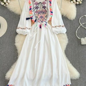 Y2K Ethnic Style Lace Cotton Dress - Retro 90s Grunge Summer Outfit for Women