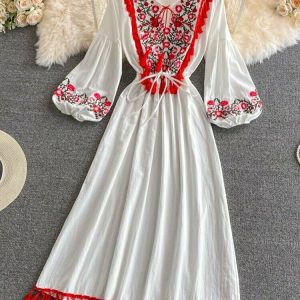 Y2K Ethnic Style Lace Cotton Dress - Retro 90s Grunge Summer Outfit for Women