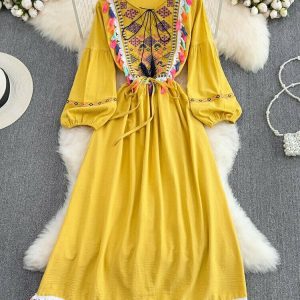 Y2K Ethnic Style Lace Cotton Dress - Retro 90s Grunge Summer Outfit for Women