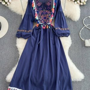 Y2K Ethnic Style Lace Cotton Dress - Retro 90s Grunge Summer Outfit for Women