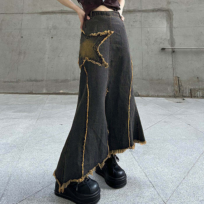 Y2K Fairy Grunge Long Denim Skirt - Retro 90s Summer Outfit, Pastel Goth Vibes