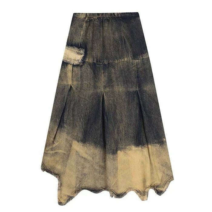 Y2K Fairy Grunge Washed Long Denim Skirt - Retro 90s Summer Outfit, Pastel Goth Style