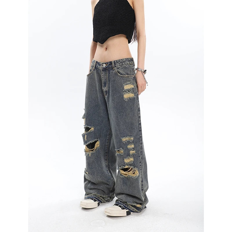 Y2K Fashion Blue Jeans: High Waist Hollow Out Wide Leg Pants