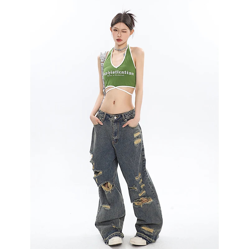 Y2K Fashion Blue Jeans: High Waist Hollow Out Wide Leg Pants