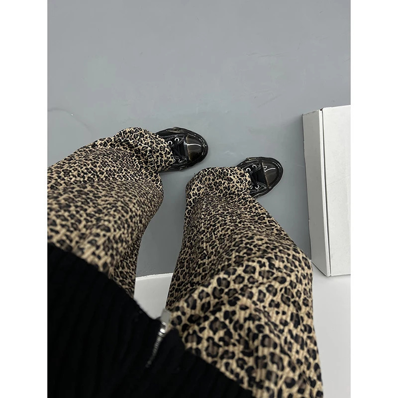 Y2K Fashion Leopard Print Casual Pants - American Vintage Straight Wide Leg Trousers